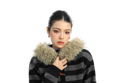 Faux Fur Trim Striped Toggle Cardigan
