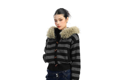 Faux Fur Trim Striped Toggle Cardigan