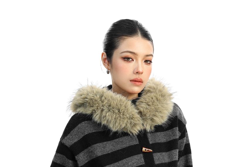 Faux Fur Trim Striped Toggle Cardigan