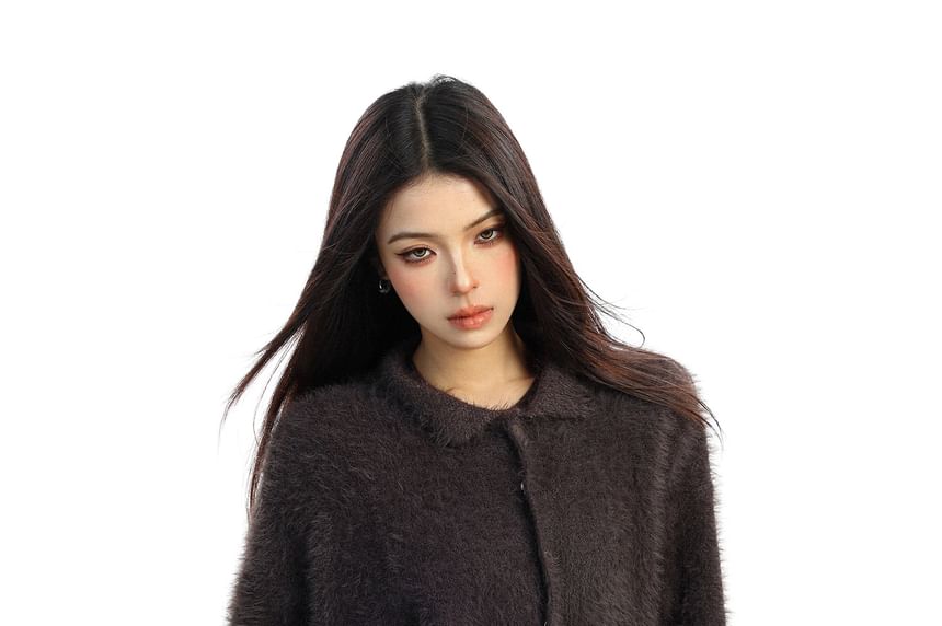 Faux Fur Collared Button-Up Cardigan