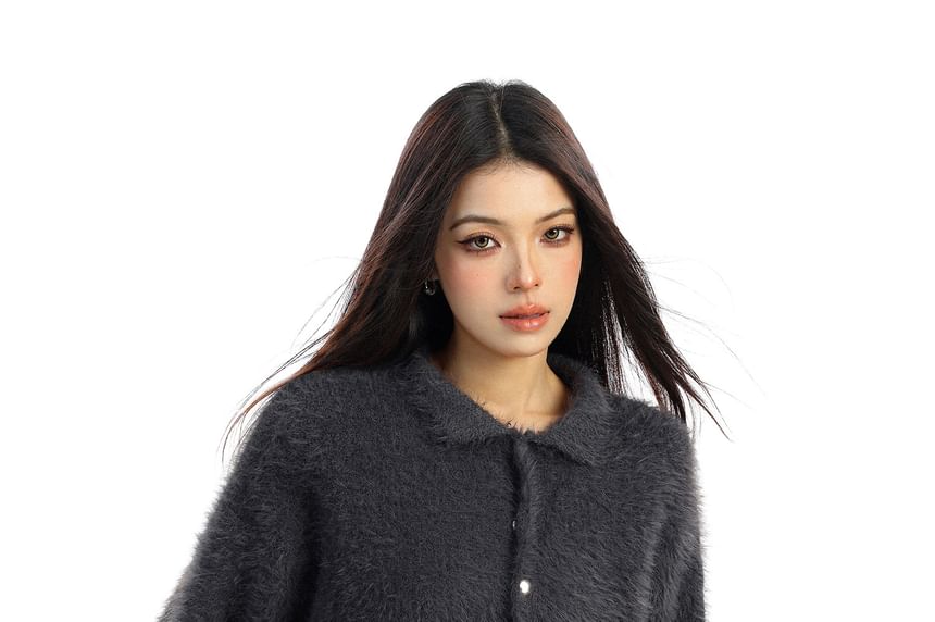 Faux Fur Collared Button-Up Cardigan