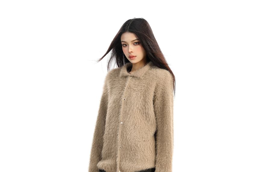 Faux Fur Collared Button-Up Cardigan