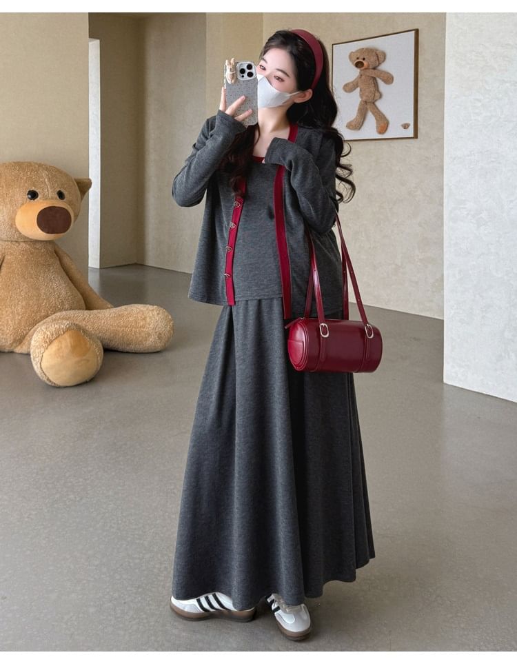 Maternity Set: Contrast Trim Camisole Top + V-Neck Cardigan + High Waist Maxi A-Line Skirt