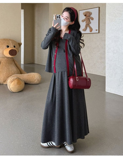 Maternity Set: Contrast Trim Camisole Top + V-Neck Cardigan + High Waist Maxi A-Line Skirt