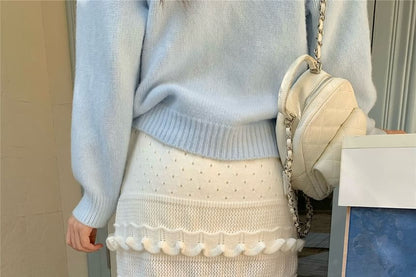 Plain Ruffle Trim Knit Mini Skirt