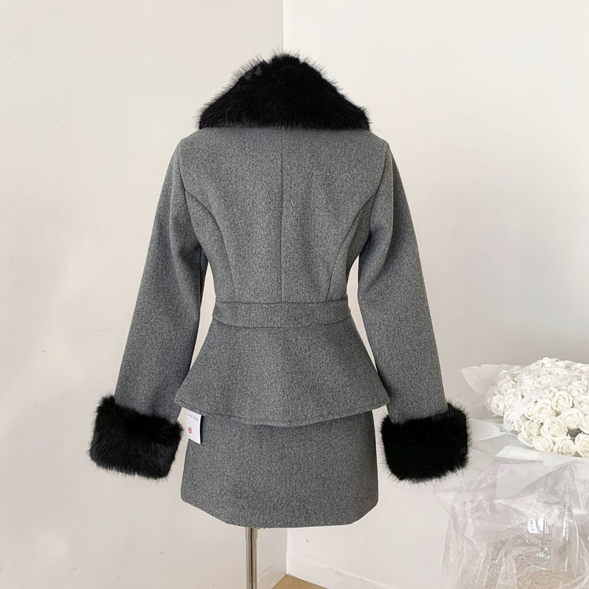 Fluffy Collar Double-Breasted Jacket + High Waist Mini A-Line Skirt
