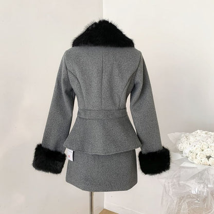 Fluffy Collar Double-Breasted Jacket + High Waist Mini A-Line Skirt
