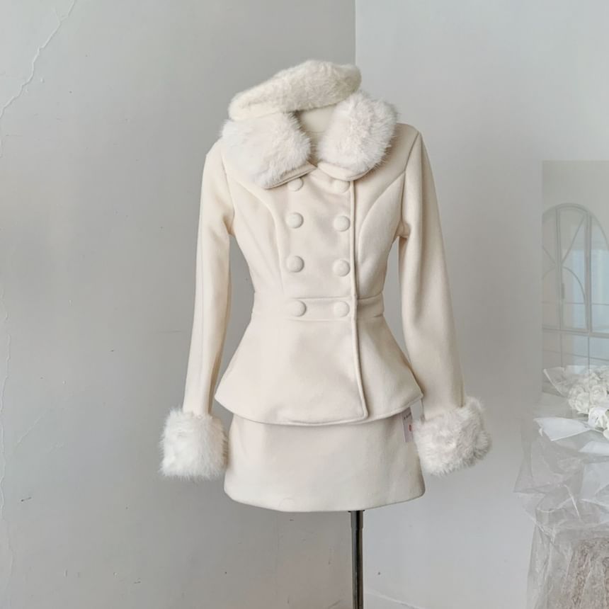 Fluffy Collar Double-Breasted Jacket + High Waist Mini A-Line Skirt