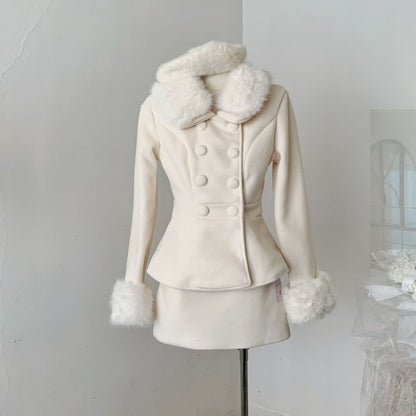 Fluffy Collar Double-Breasted Jacket + High Waist Mini A-Line Skirt