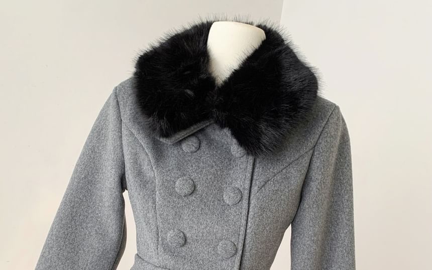 Fluffy Collar Double-Breasted Jacket + High Waist Mini A-Line Skirt