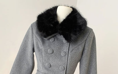 Fluffy Collar Double-Breasted Jacket + High Waist Mini A-Line Skirt