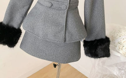 Fluffy Collar Double-Breasted Jacket + High Waist Mini A-Line Skirt