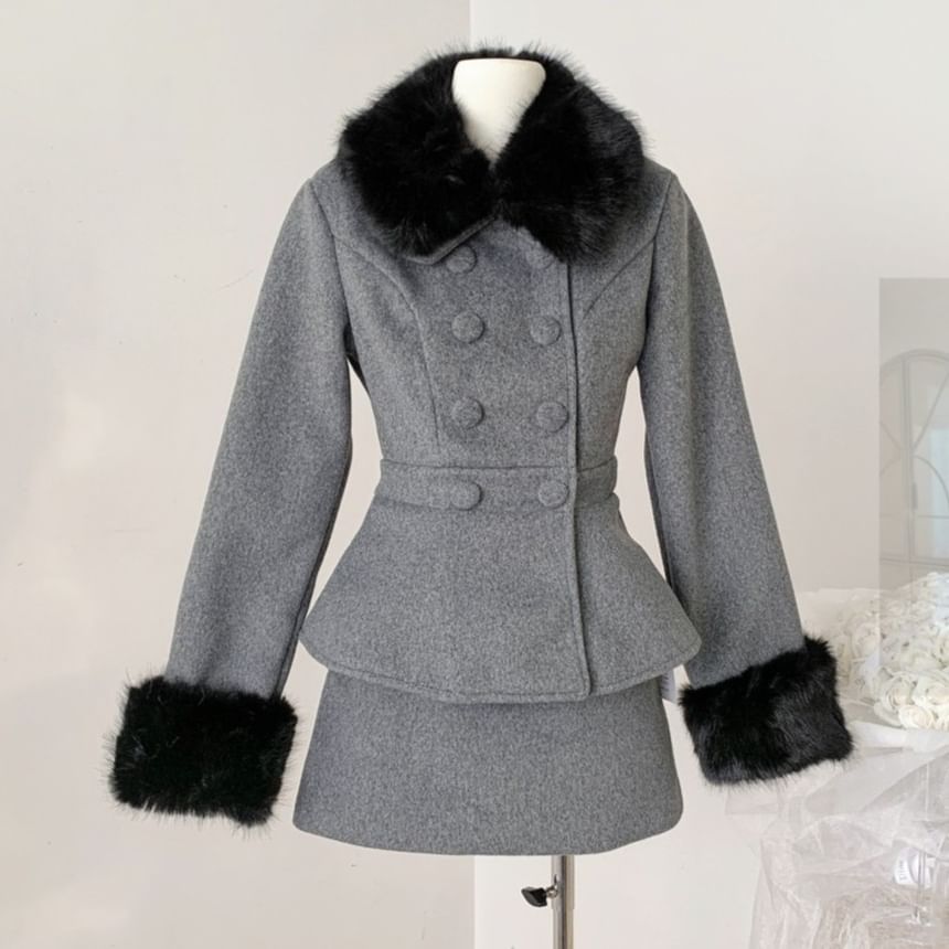 Fluffy Collar Double-Breasted Jacket + High Waist Mini A-Line Skirt