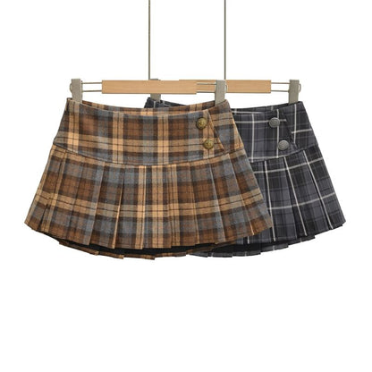 Mid Waist Plaid Mini Pleated A-Line Skirt