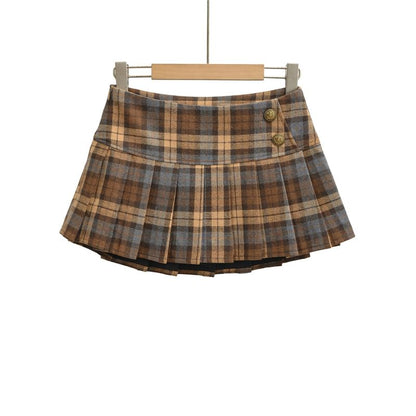 Mid Waist Plaid Mini Pleated A-Line Skirt