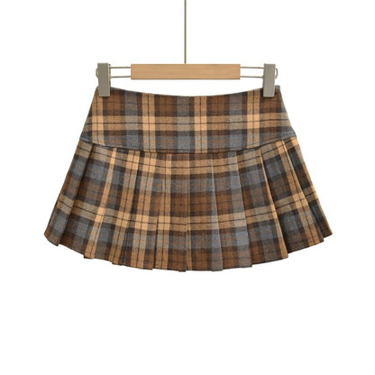 Mid Waist Plaid Mini Pleated A-Line Skirt