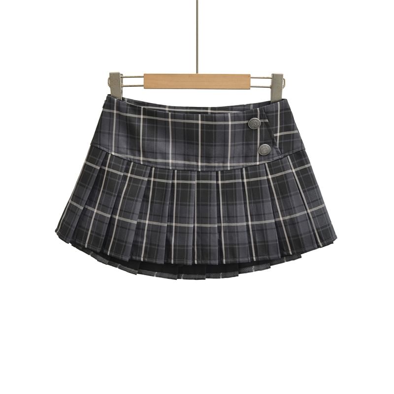 Mid Waist Plaid Mini Pleated A-Line Skirt