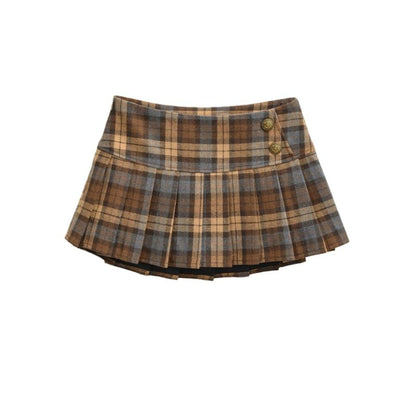 Mid Waist Plaid Mini Pleated A-Line Skirt
