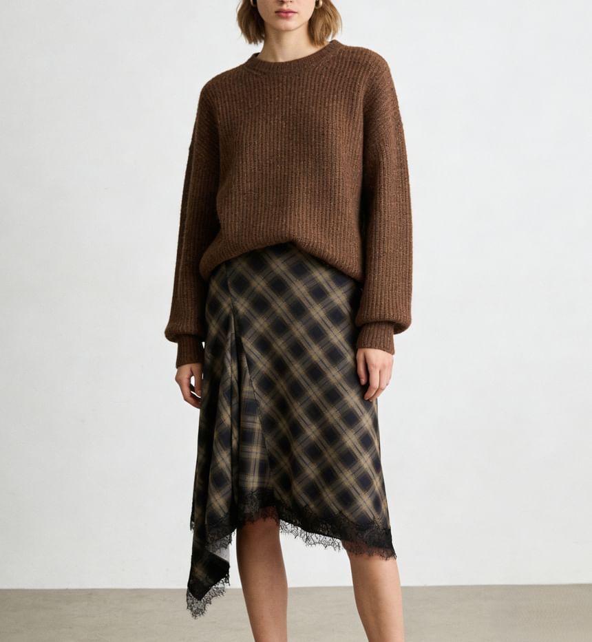 High Waist Plaid Lace-Trim Asymmetric Hem Midi Skirt