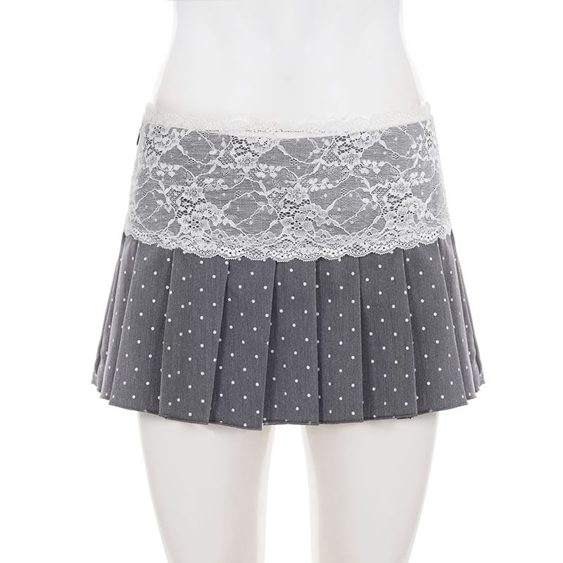 Mid Rise Dotted Pleated Panel Lace Mini A-Line Skirt
