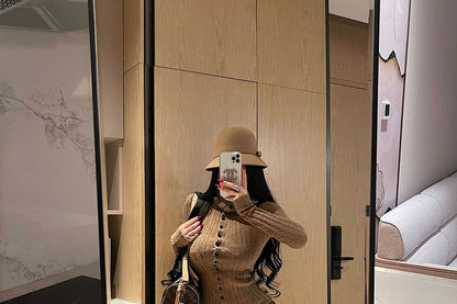 Ribbed Button-Up Turtleneck Top