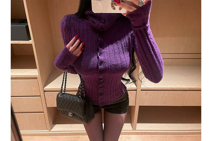 Ribbed Button-Up Turtleneck Top