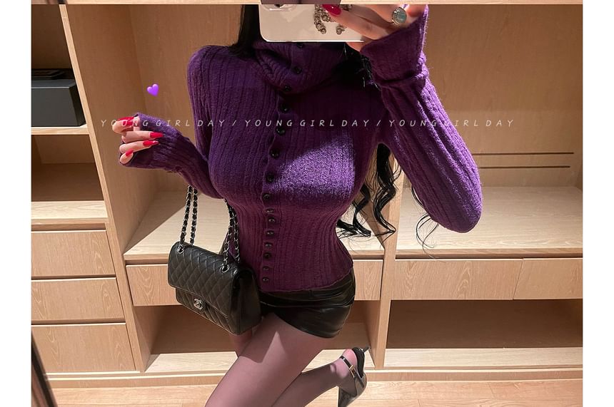 Ribbed Button-Up Turtleneck Top