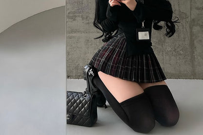 Plaid Mini Pleated Skirt with Mock Neck Split Top