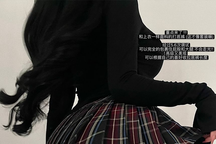 Plaid Mini Pleated Skirt with Mock Neck Split Top