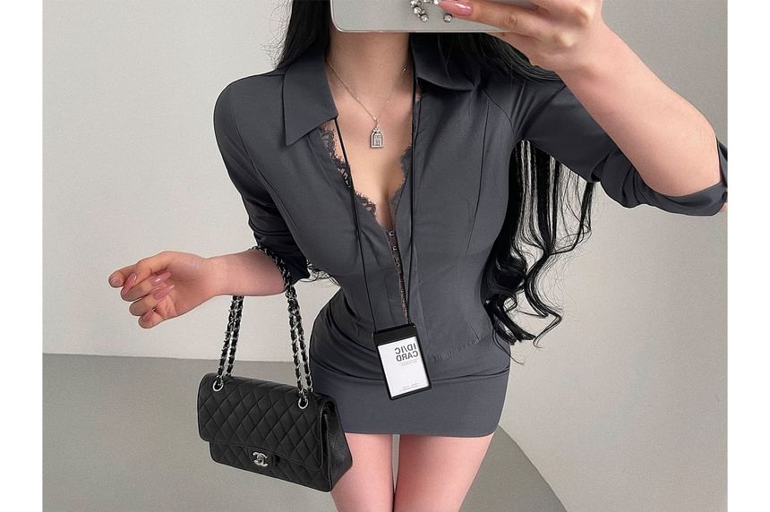 Lace Panel Fitted Shirt and Pencil Skirt Set