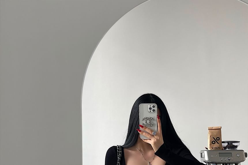 Square Neck Fitted Knit Long Sleeve Top
