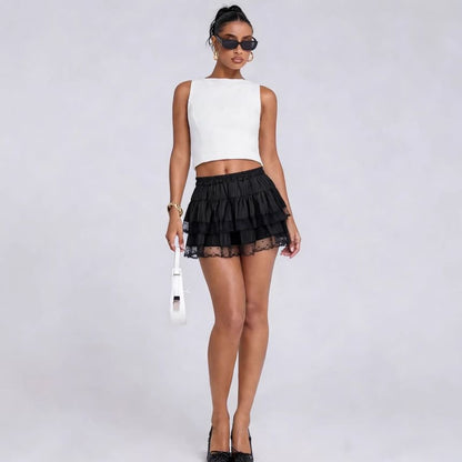 Lace-Trim Tiered Mini Skirt