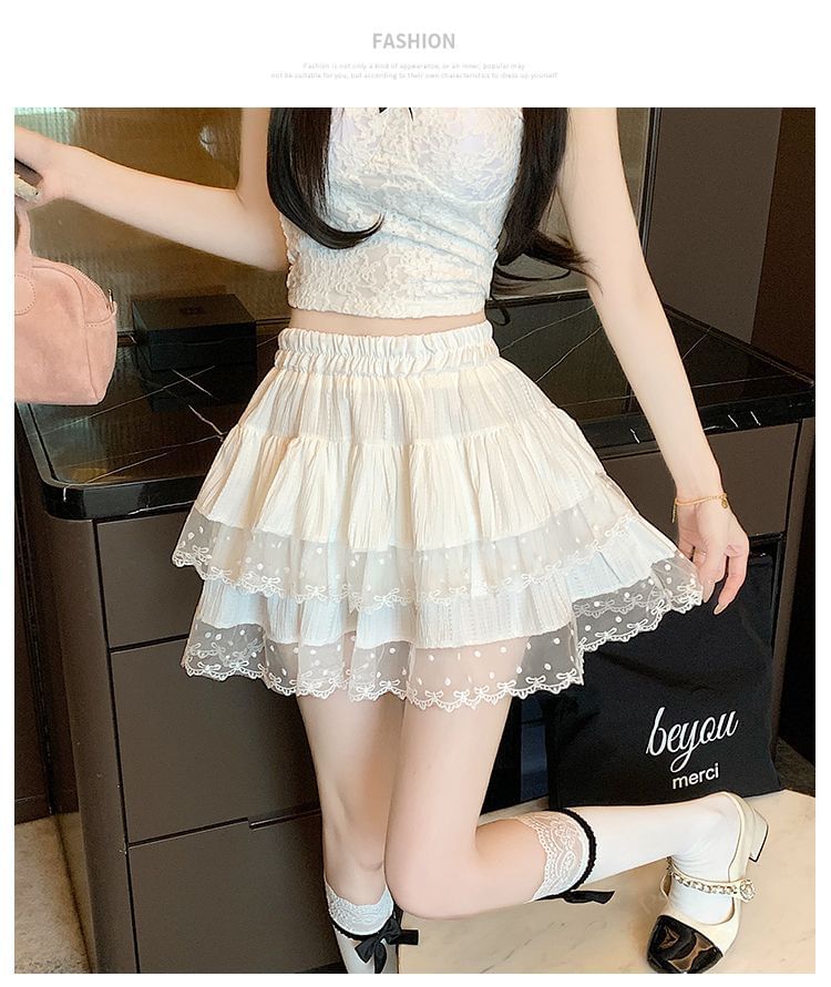 Lace-Trim Tiered Mini Skirt