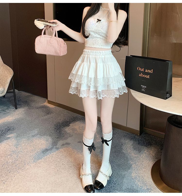Lace-Trim Tiered Mini Skirt