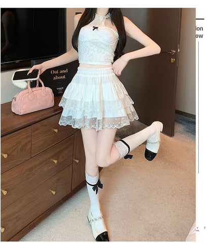 Lace-Trim Tiered Mini Skirt