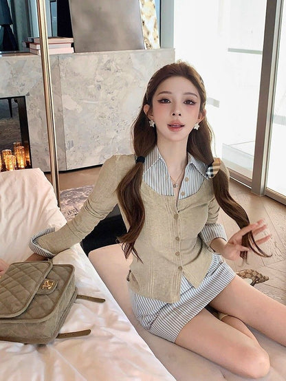 Long Sleeve Mock Two Piece Striped Panel Slim-Fit Top + High Waist Mini Pencil Skirt