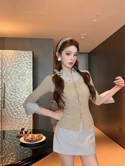 Long Sleeve Mock Two Piece Striped Panel Slim-Fit Top + High Waist Mini Pencil Skirt