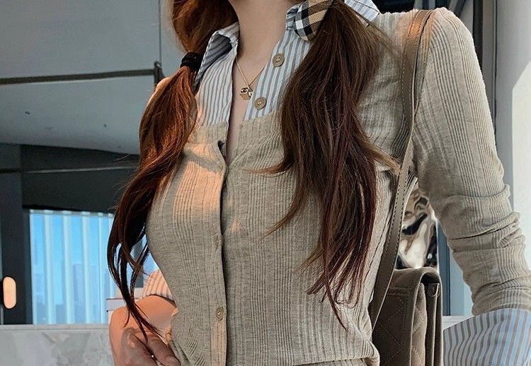Long Sleeve Mock Two Piece Striped Panel Slim-Fit Top + High Waist Mini Pencil Skirt