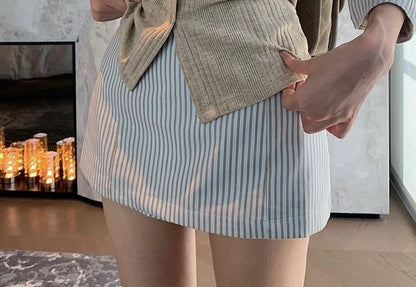 Long Sleeve Mock Two Piece Striped Panel Slim-Fit Top + High Waist Mini Pencil Skirt
