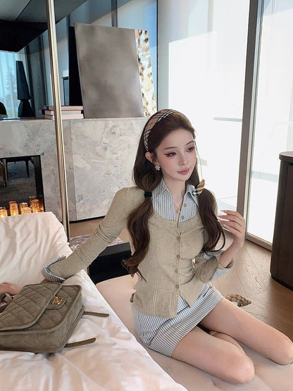 Long Sleeve Mock Two Piece Striped Panel Slim-Fit Top + High Waist Mini Pencil Skirt