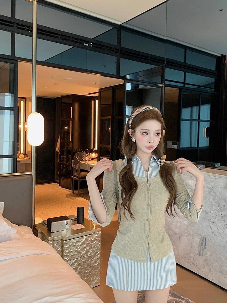 Long Sleeve Mock Two Piece Striped Panel Slim-Fit Top + High Waist Mini Pencil Skirt