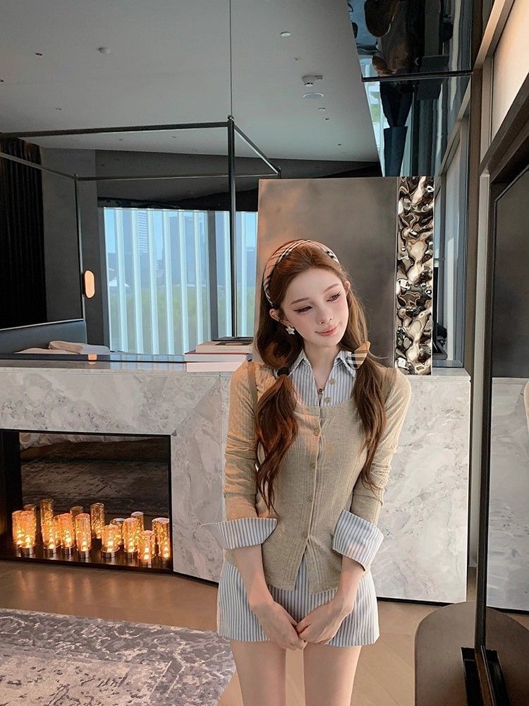 Long Sleeve Mock Two Piece Striped Panel Slim-Fit Top + High Waist Mini Pencil Skirt