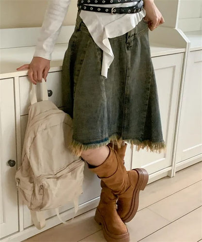 Washed Fringe Asymmetrical Midi Denim Skirt