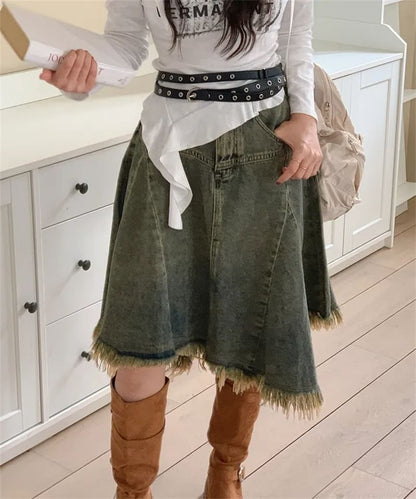 Washed Fringe Asymmetrical Midi Denim Skirt