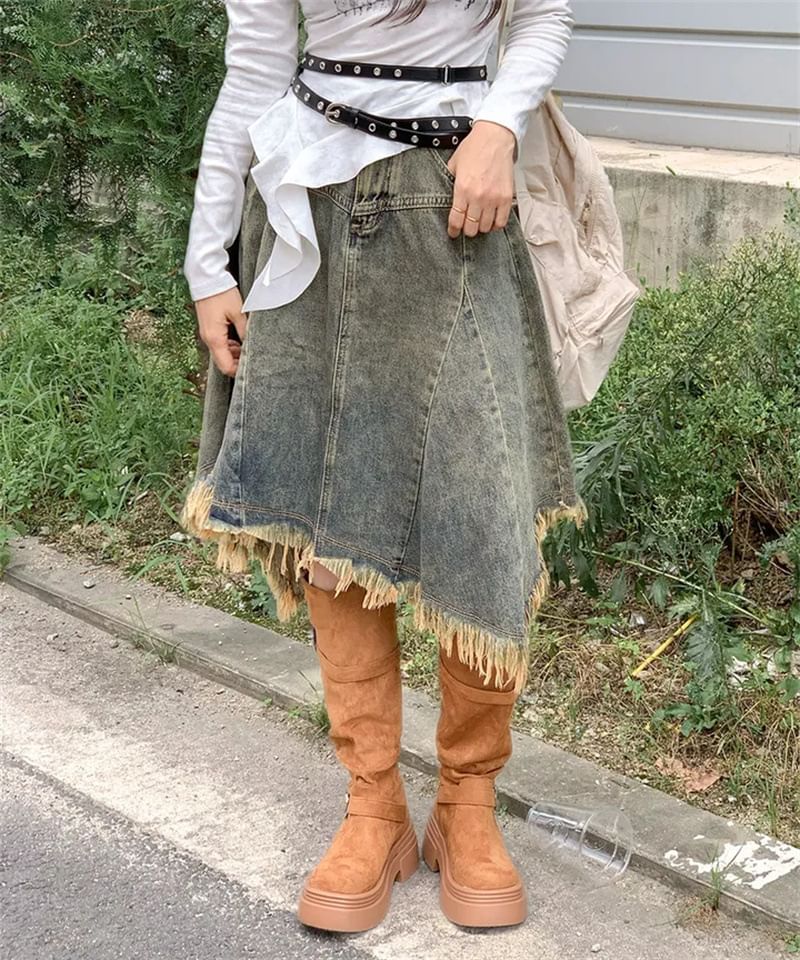 Washed Fringe Asymmetrical Midi Denim Skirt