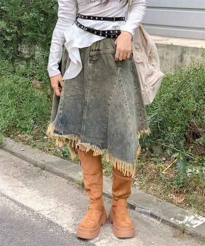 Washed Fringe Asymmetrical Midi Denim Skirt