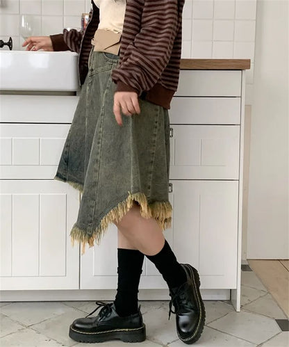Washed Fringe Asymmetrical Midi Denim Skirt