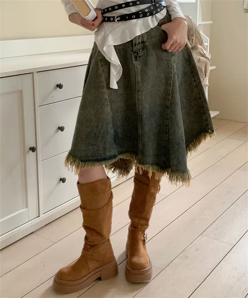 Washed Fringe Asymmetrical Midi Denim Skirt