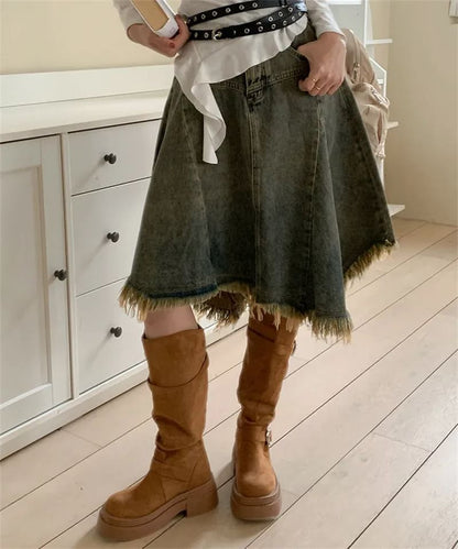 Washed Fringe Asymmetrical Midi Denim Skirt
