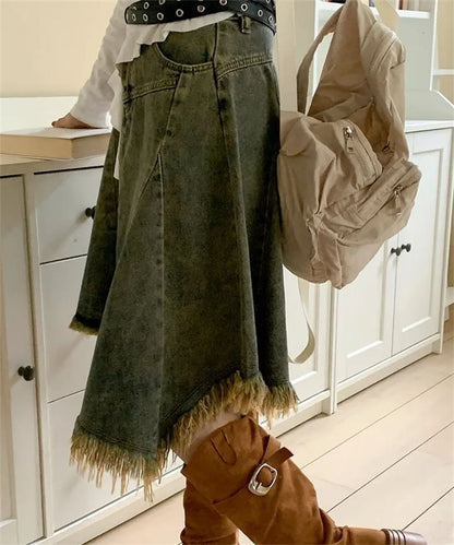 Washed Fringe Asymmetrical Midi Denim Skirt